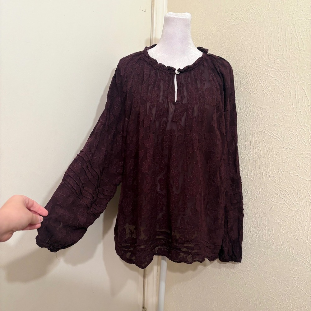 J. Jill Plum Purple Floral Burnout Sheer Ruffle Keyhole Blouse Tunic Top Large L